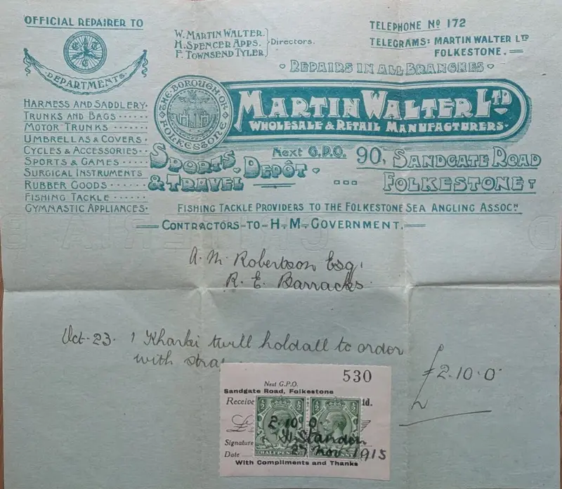Martin Walter Ltd account for one khaki twill holdall, paid 23 November 1915