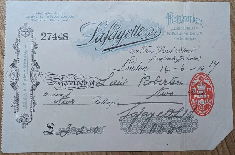 Printed receipt from Lafayette Ltd, photographers, 14 June 1917, for two pounds two shillings