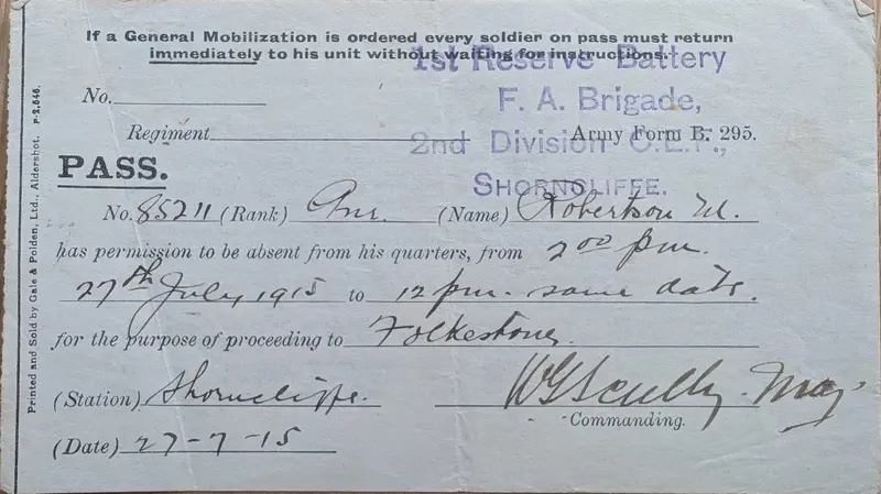 Army Form B. 295 day-pass, 27 July 1915, made out to Gunner No. 85211, Robertson M.