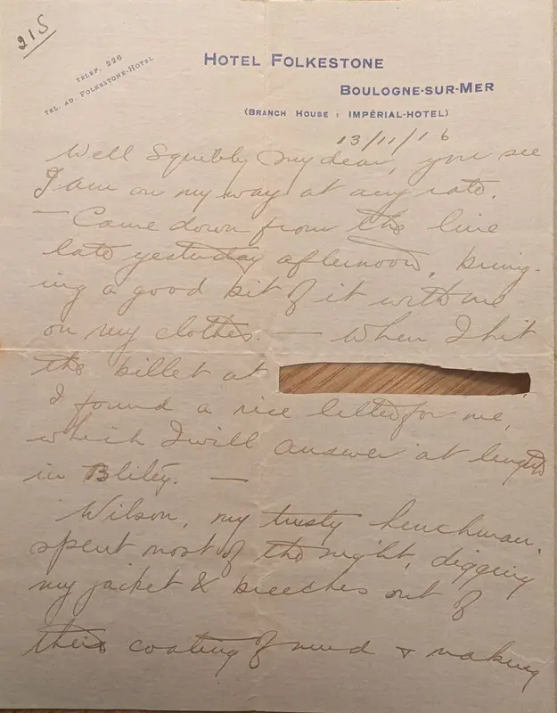 Page one of a letter on Hôtel Folkestone, Boulogne-sur-Mer letterhead, 13 November 1916