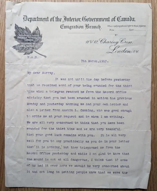 Page 1 of a typed letter to Robertson, 7 March 1917, on Canadian Emigration Branch letterhead