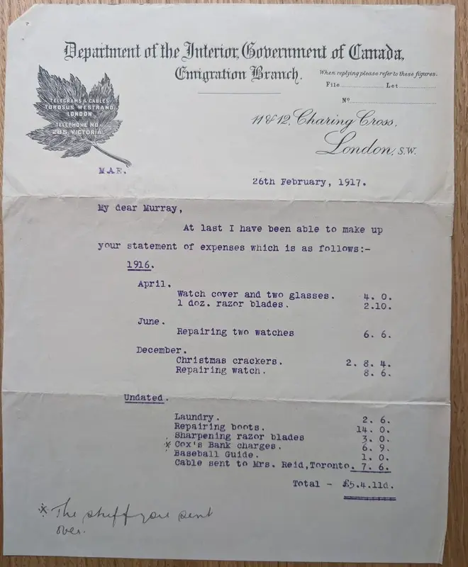Typed statement of expenses on Canadian Emigration Branch letterhead, 26 February 1917