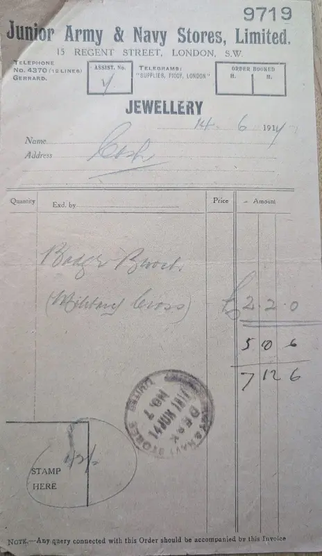 Junior Army & Navy Stores jewellery receipt, 14 June 1917, for a Military Cross badge brooch