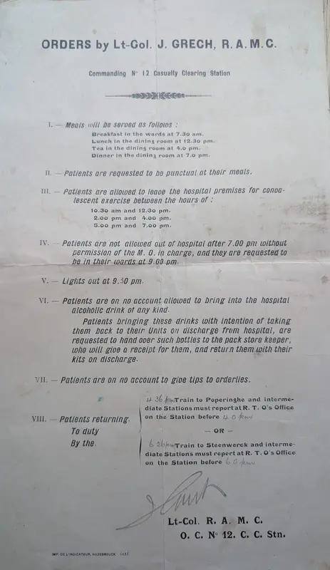 Printed orders by Lt-Col J. Grech RAMC, commanding No. 12 Casualty Clearing Station