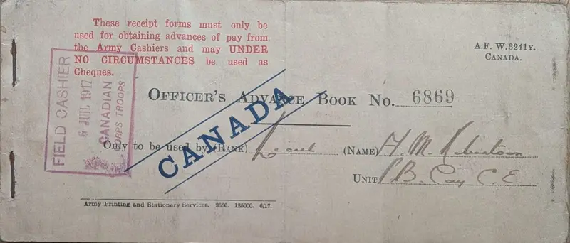 Cover of an Officer's Advance Book, No. 6869, with a Field Cashier stamp dated 6 July 1917