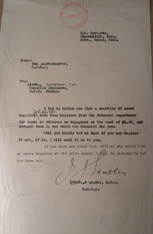 Typed letter from the Quartermaster, Canadian Engineers Training Depot, Shorncliffe, 13 March 1916, offering Lieut. Robertson a spare pistol magazine at $1.00