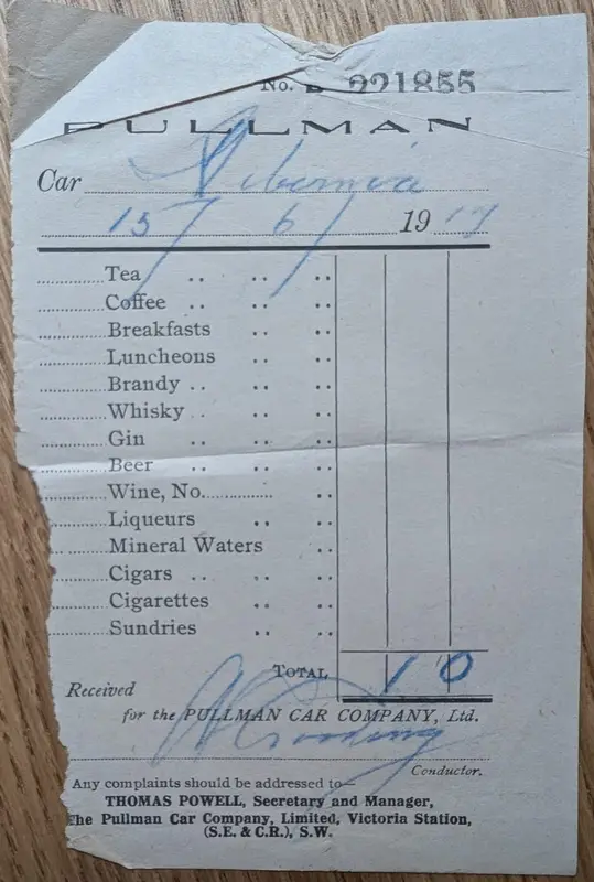 Printed Pullman Car Company refreshment bill, June 1917, car Hibernia, total one shilling