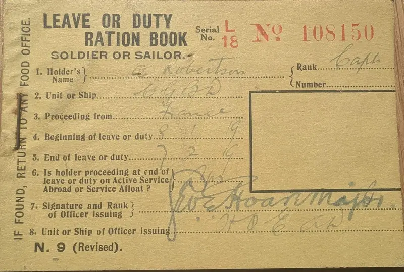 Ration book cover, filled in: A. Robertson, Capt., proceeding from France, 8.1.19 to 7.2.19