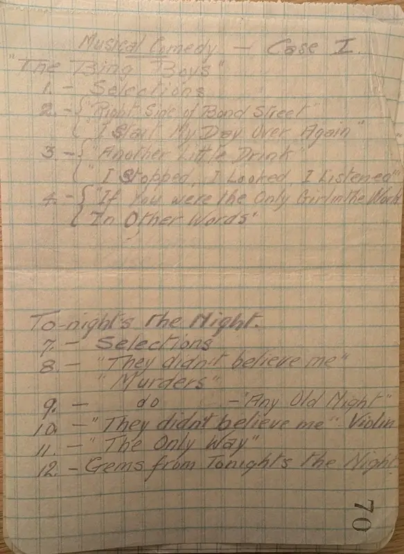 Notebook page headed 'Musical Comedy — Case I', a numbered list of gramophone records from The Bing Boys and To-night's the Night