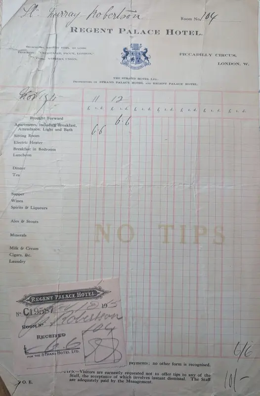 Regent Palace Hotel bill, 11–12 November 1915