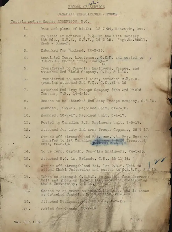 Record of Service (form NAT. DEF. A.168): twenty numbered lines from enlistment to demobilization