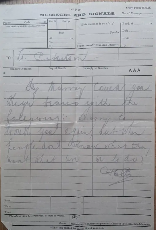 Army Form C.2121 message to Lieut Robertson, pencil