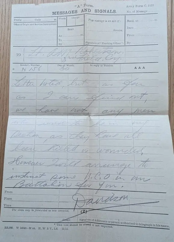 Army Form C. 2121 message and signals form addressed to Lieut A. M. Robertson, 3rd Field Company