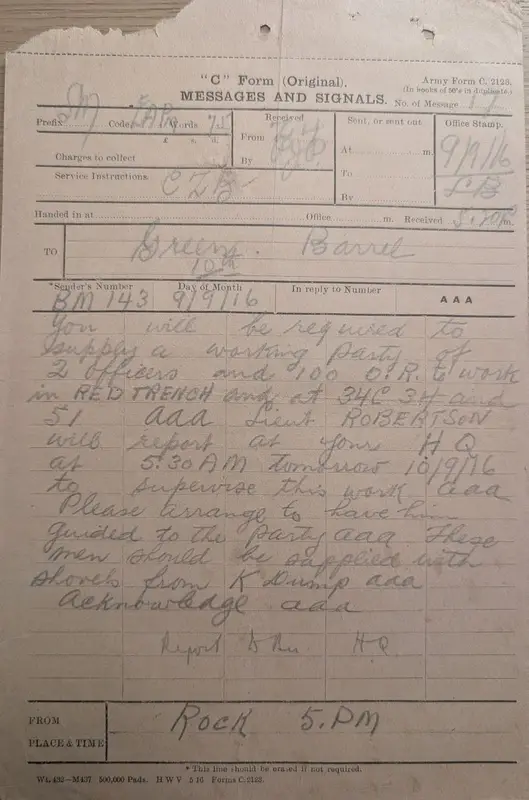 Army message form, 9 September 1916, ordering a working party to report to Lieut Robertson