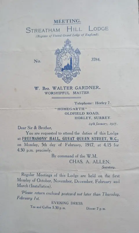 Streatham Hill Lodge No. 3784 meeting summons, 24 January 1917