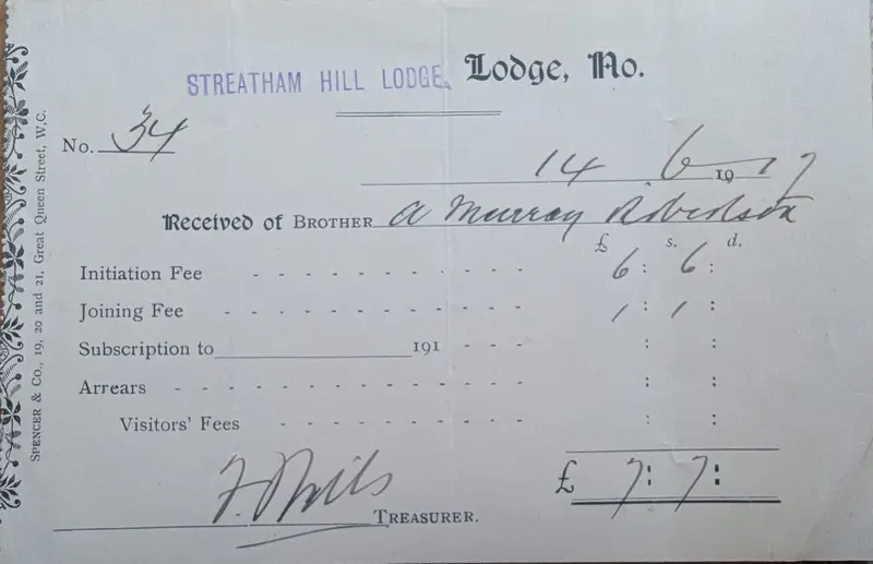 Streatham Hill Lodge receipt for Robertson's initiation and joining fees, 14 June 1917