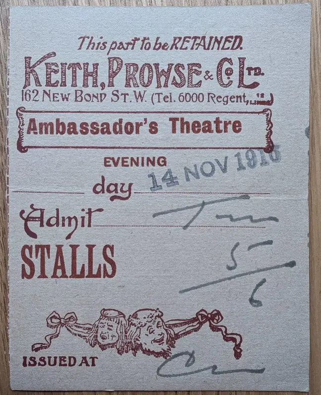 Keith Prowse ticket stub, Ambassador's Theatre, stamped 14 November 1916