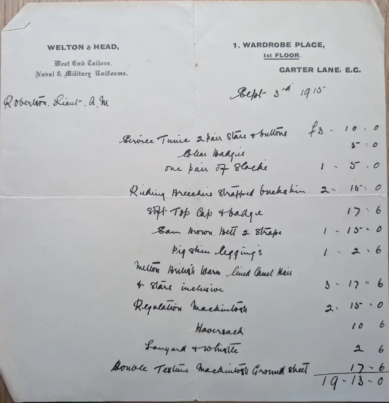 Welton & Head itemised bill, page 1, 3 September 1915