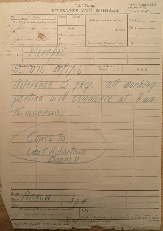 Army message form, 25 January 1916, reference G.789, working parties to commence at 8 a.m.