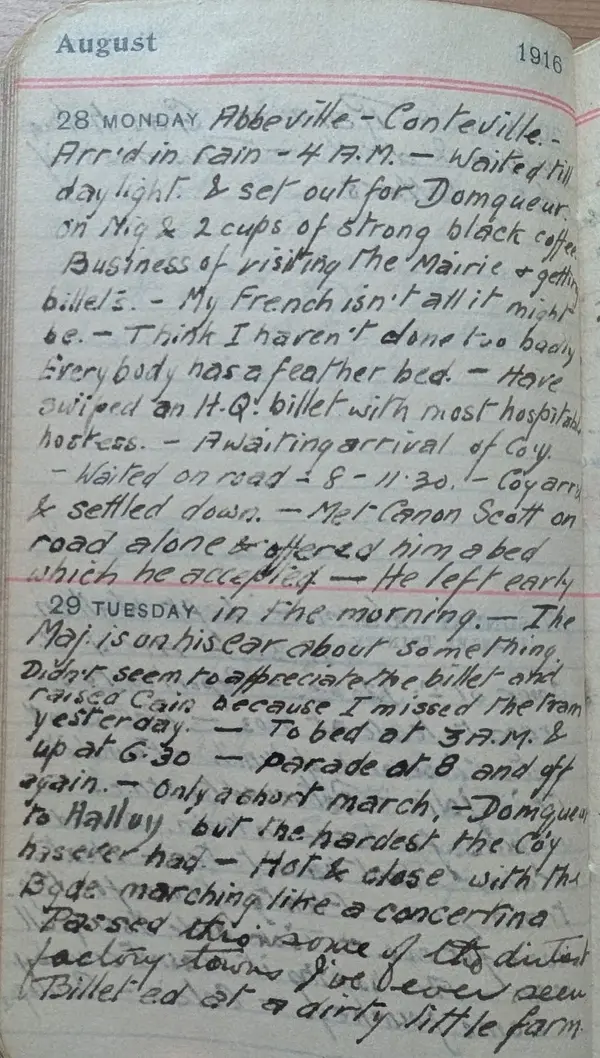 Diary scan, August 28–29, 1916 (Monday–Tuesday, combined entry)